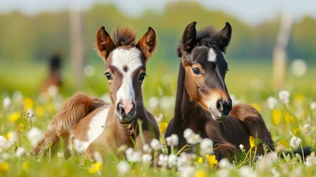 Young foals rest in a field of flowers on a sunny day in spring