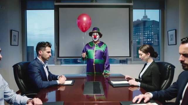  Homme en costume de clown color&eacute; lors d&rsquo;une r&eacute;union s&eacute;rieuse
