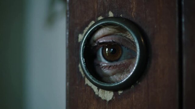 Regard intense &agrave; travers le trou d&rsquo;une porte en bois us&eacute;e