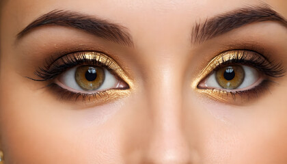 Fototapeta premium looking at camera woman eyes with golden eyeshadow