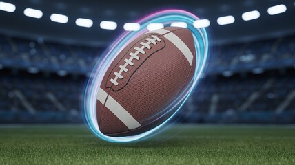 A futuristic American football, encircled by a glowing blue neon ring, hovers above a stadium grass field.