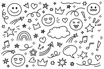 Fototapeta premium Cute Hand Drawn Doodle Pattern with Smiley Faces Stars Hearts and Decorative Elements