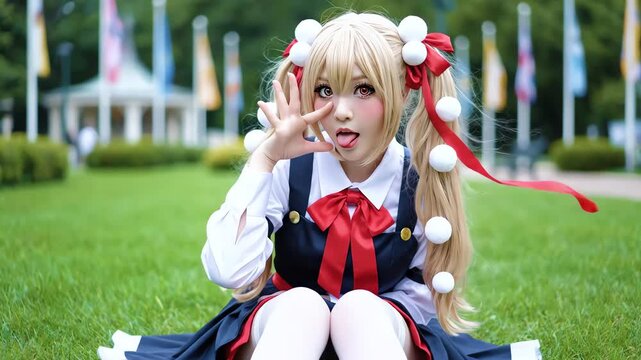 Anime Cosplay Girl Portrait, Cute School Uniform Costume Outdoors, Kawaii Fantasy Character Sitting on Grass