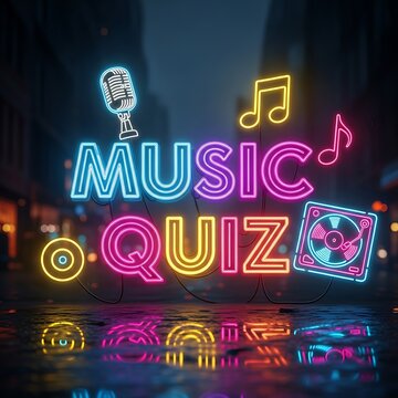 Brightly illuminated neon signs display the words 'Music Quiz' with related icons against a dark cityscape background.
