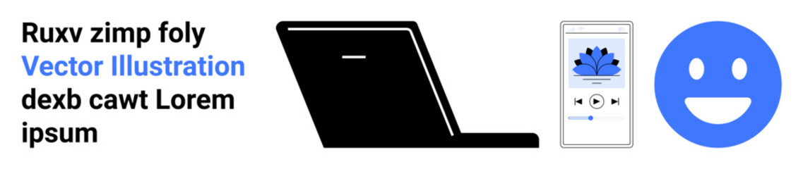 Communication, technology, media design, digital interaction, emotions, user interface. Black laptop, smartphone with media player and blue smiling emotion. Communication and technology