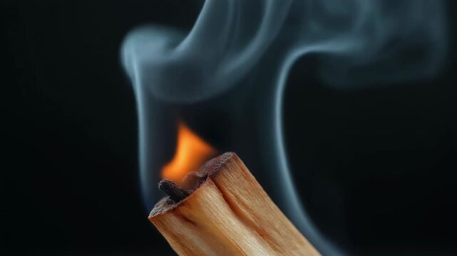 Close-up of glowing Palo Santo ember with wisps of smoke