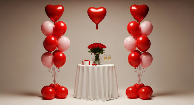 A romantic dinner table with red roses, champagne, and a gift is flanked by columns of red and pink balloons, with heart balloons overhead.