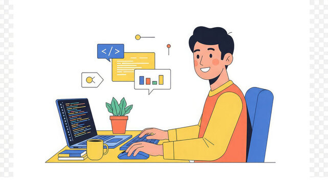 Smiling man coding on laptop with colorful coding symbols around him