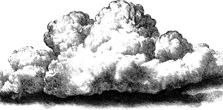 Vintage rain clouds botanical engraving silhouette art for design and print