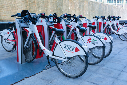 ABU DHABI, UNITED ARAB EMIRATES - DECEMBER 5, 2016:  Bike Sharing Station in Abu Dhabi, Yas Island, United Arab Emirates. ADCB Bikeshare