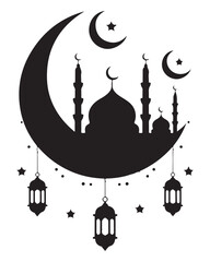 Ramadan Mosque Silhouette with Crescent Moon and Lanterns