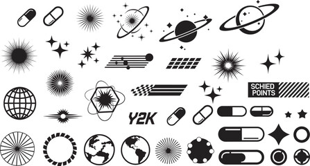 Retro Y2K Aesthetic Vector Graphics of Planets, Stars, Pills, and Earth Icons