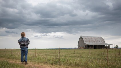Naklejka premium Boy Looks at Barn in Field Under Cloudy Sky During Afternoon