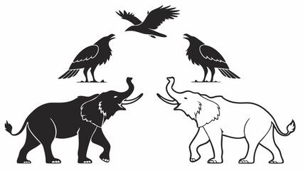 Black and White Elephant Contrast with Crows and Flying Bird Symbolizing Opposing Forces or Balance for Web Design