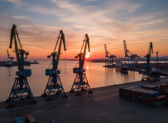 Obraz premium Vibrant sunset above the harbor and towering cranes in Varna, Bulgaria