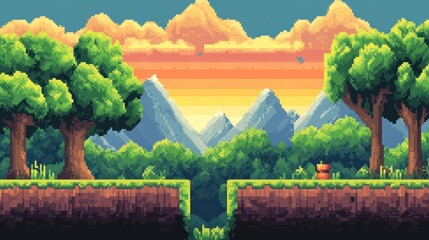 Pixel art sunset landscape with mountains and trees. © nur