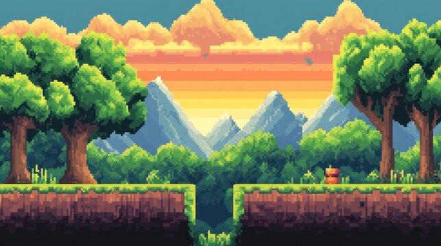 Pixel art sunset landscape with mountains and trees.