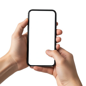 Person holding a smartphone with a blank screen in both hands isolated on transparent background