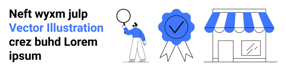 Person holding balloon, blue award badge with checkmark, and storefront. Ideal for business, achievement, certification, branding, retail, celebration education simple landing page