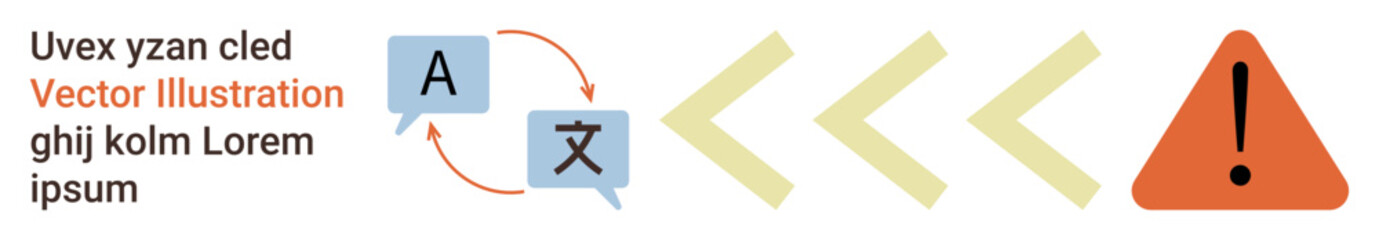 Translation services, language barriers, communication, warning systems, caution signs, multilingual contexts. Speech bubbles with arrows pointing to foreign text and an alert triangle. Translation © robu_s