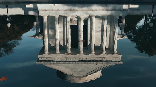 Temple with Columns Reflected in Water Abstract Mirror.