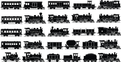 Vintage train car silhouettes set, steam locomotive artwork, railway transportation illustration, historical rail design, freight passenger tanker graphic concept © Anonto