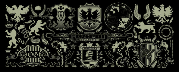 Streetwear heraldic graphic collection with vintage medieval shields and beasts. Vector big set © BonkiStudio