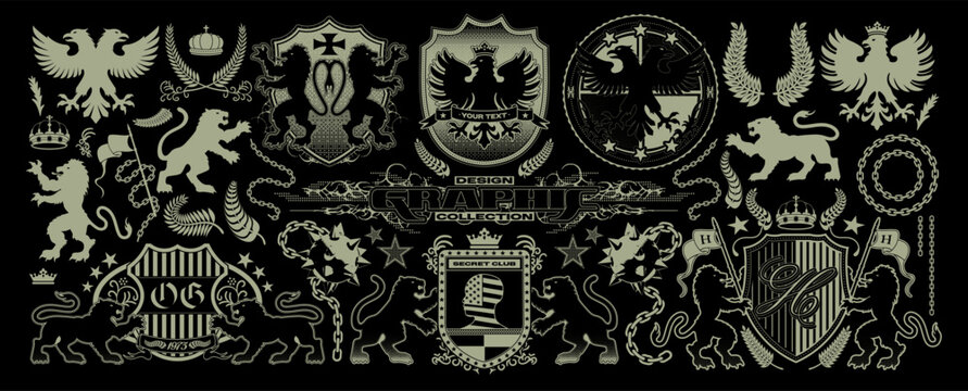 Streetwear heraldic graphic collection with vintage medieval shields and beasts. Vector big set
