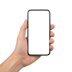 A hand holding a smartphone with a blank white screen display isolated on transparent background