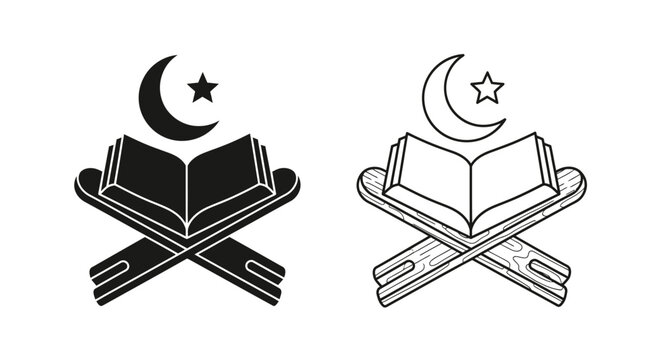 Vector black and outline Quran book on rehal stand with crescent moon and star icon set, isolated on white