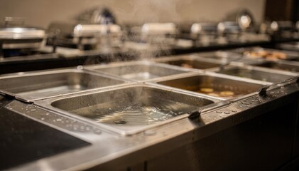 Obraz premium Medium shot featuring wet type heated wells in buffet setup steam rising from water bath in front pan main section clear rest of counter blurred for effect.