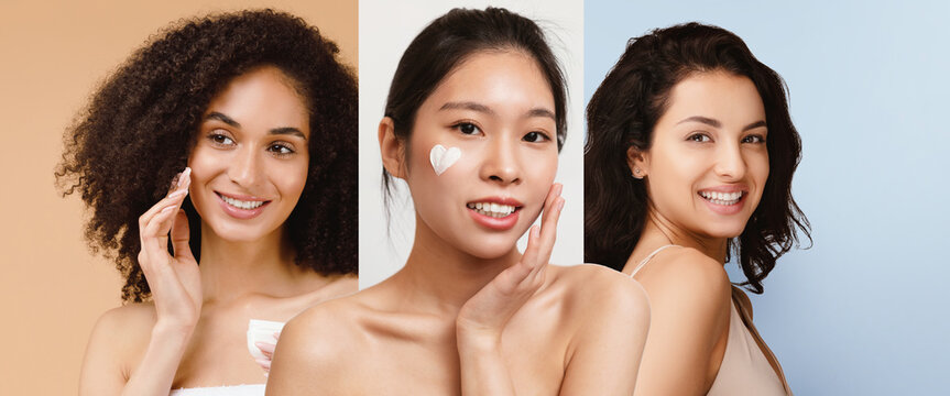 Three women apply skincare products on their faces. Each woman has a different skin tone and hair type. They are engaged in daily beauty rituals in bright indoor settings.