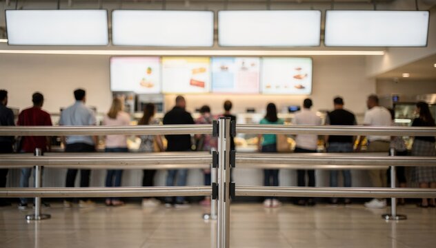 Medium shot of a cafeteria featuring singleline queue guided by sleek rails and overhead signs with a blurred background of waiting customers and bright menu boards.
