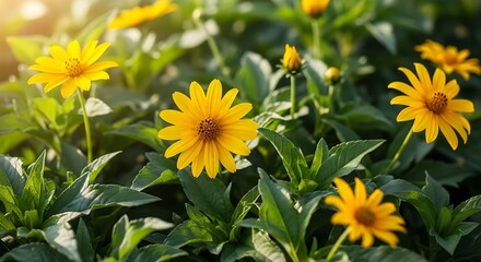 Bright yellow flowers in a lush green garden setting.