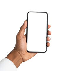 A hand holding a blank smartphone against a white background isolated on transparent background