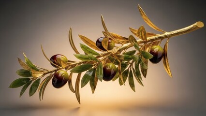 Olive Branch with Green Olives on Gradient Background.