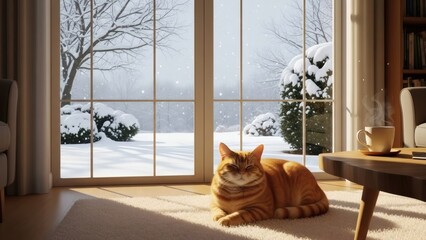 Orange Cat Relaxing Near Window on Snowy Day.