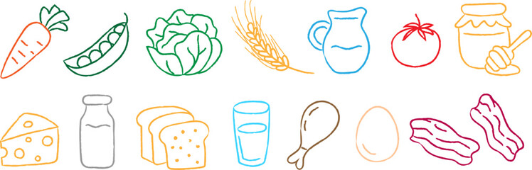 colorful hand drawn farm food elements set isolated on white background organic vegetable dairy and meat icons © pani_Nadichka