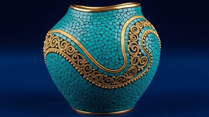 Ornate Turquoise Vase with Gold Accents.