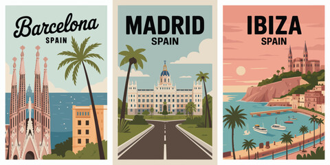 Fototapeta premium BARCELONA Poster: Tall Palm Tree in Foreground with Black Script Text and Palacio de Lérida in Madrid