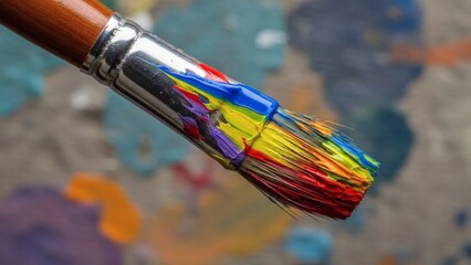 Paintbrush with vibrant colorful paint strokes.