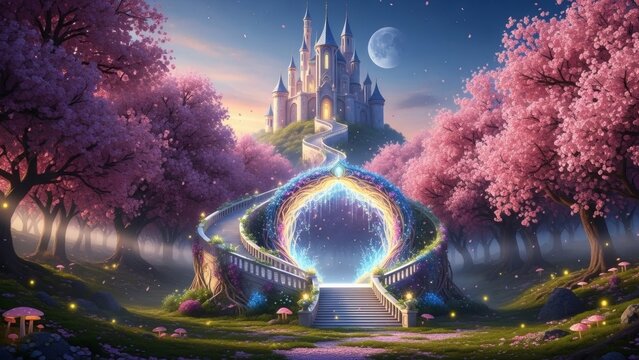 Mystical Castle with Rainbow Portal and Pink Trees.