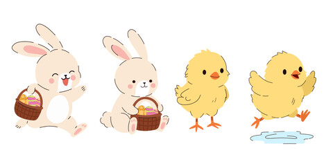 Cute Easter characters -  bunny rabbits with baskets of colorful eggs and yellow baby chicks. Adorable spring elements with soft pastel colors, playful poses and festive mood. © Sedenkova