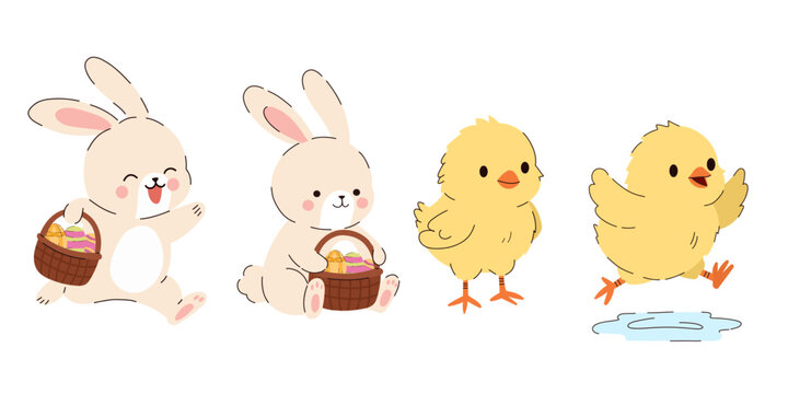 Cute Easter characters -  bunny rabbits with baskets of colorful eggs and yellow baby chicks. Adorable spring elements with soft pastel colors, playful poses and festive mood.