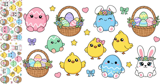 Kawaii Easter vector set with cute pastel eggs, bunnies, chicks, and baskets, isolated on white