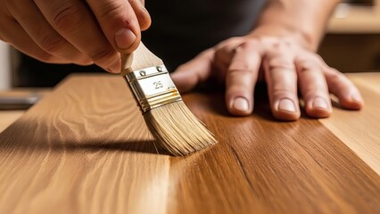 Person Applying Varnish to Wooden Surface.