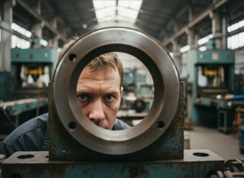 A male professional's eyes are visible through a round machine component in the factory