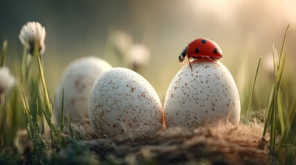 Ladybug on Easter eggs. Dewy grass hosts ladybug examining pastel Easter shells at sunrise. Closeup of ladybug discovering speckled eggs