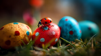 Ladybug on Easter eggs. Dewy grass hosts ladybug examining pastel Easter shells at sunrise. Closeup of ladybug discovering speckled eggs