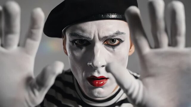 Mime Face Closeup Portrait, Dramatic Pantomime Artist With Raised Gloved Hand And Intense Eye Contact